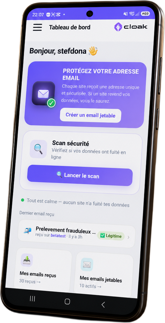 Tableau de bord Cloak sur mobile